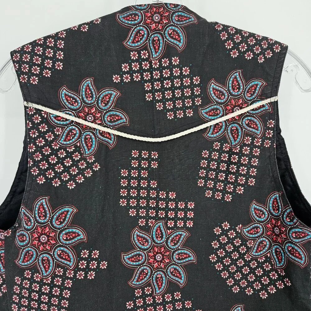 Western Boho Floral Vest Women Medium Black Blue Silver Buttons Beaded Lined - Picture 6 of 9